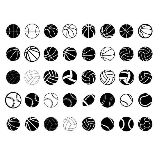 Vector Sports Ball Silhouettes Pack – 40 Black Icons (AI, DWG, DXF, EPS, PNG) for Design & CNC Use