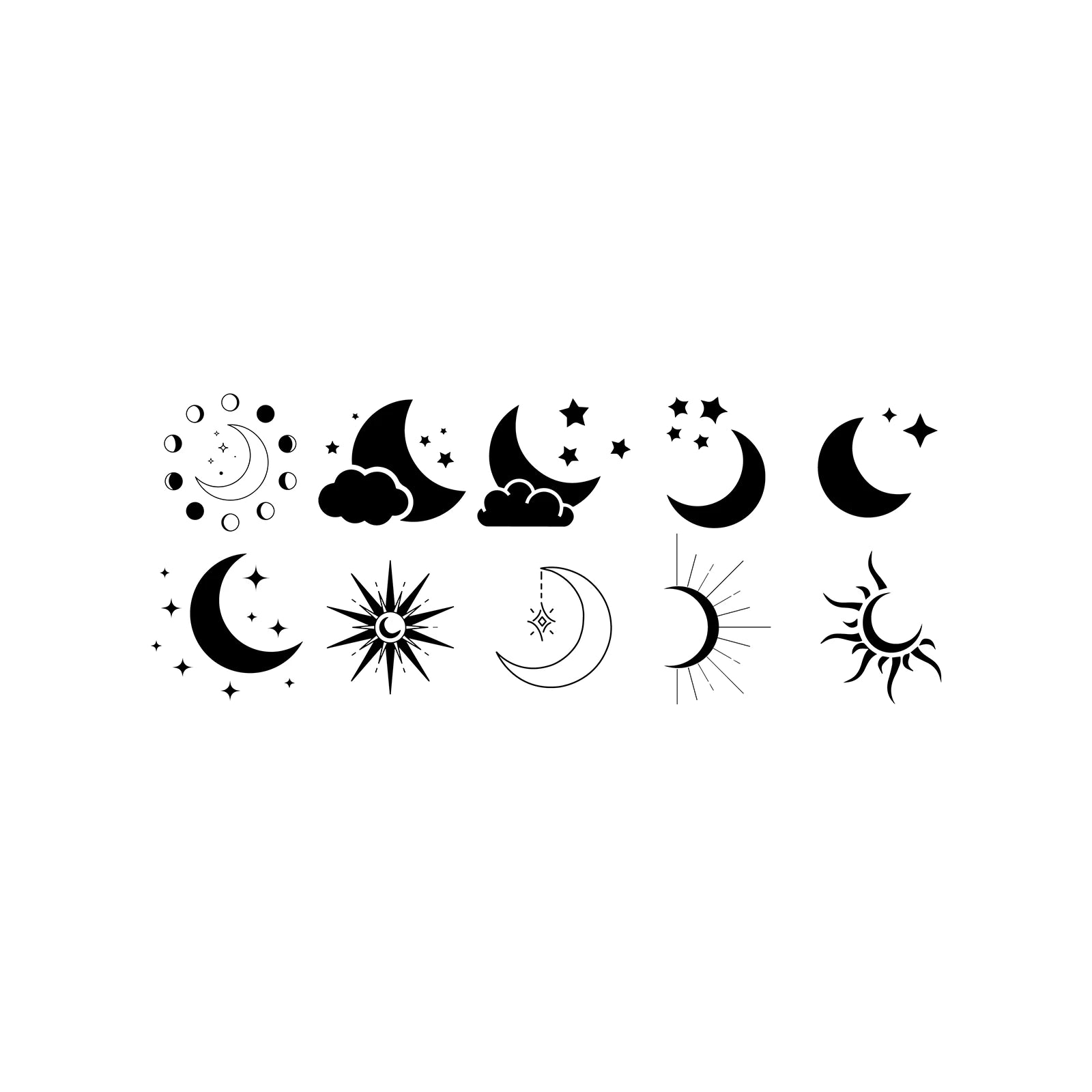 overview of 30 lunar vector icons, black moon silhouettes for branding and posters, scalable outline set