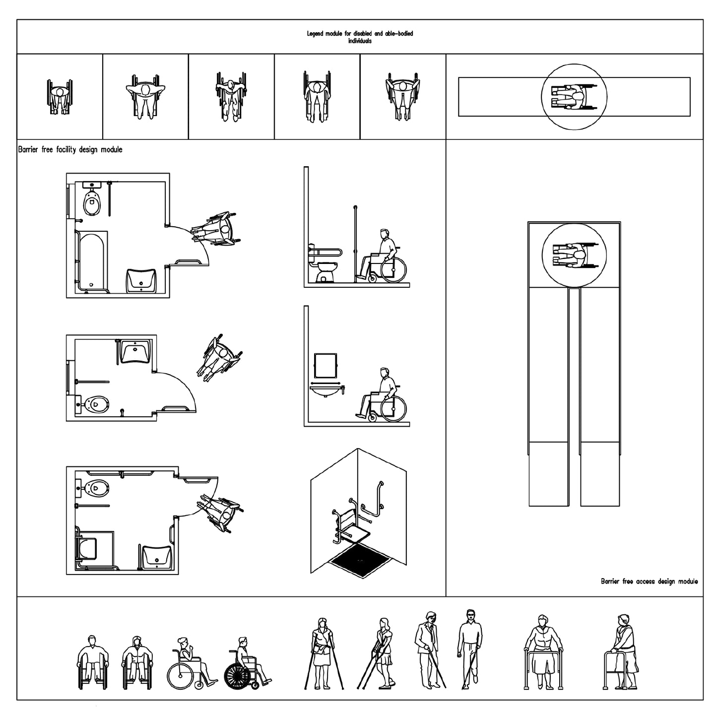 Color-filled façade people CAD pack showing walking, family moments, cycling, leisure movements, and varied presentation poses