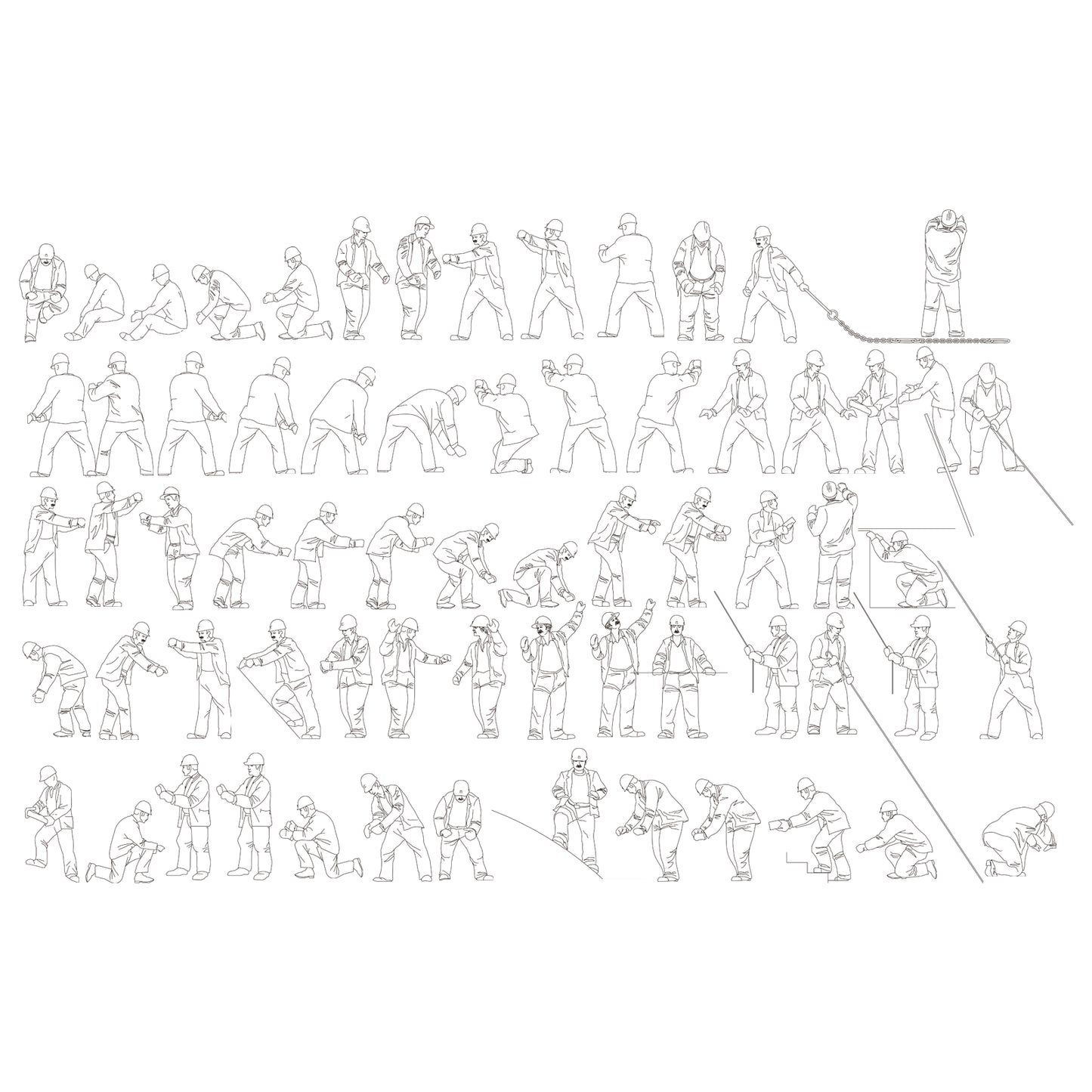 Detailed line drawings showing construction workers in multiple site actions