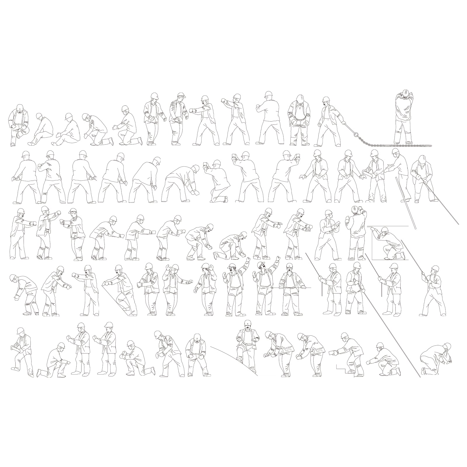 Detailed line drawings showing construction workers in multiple site actions