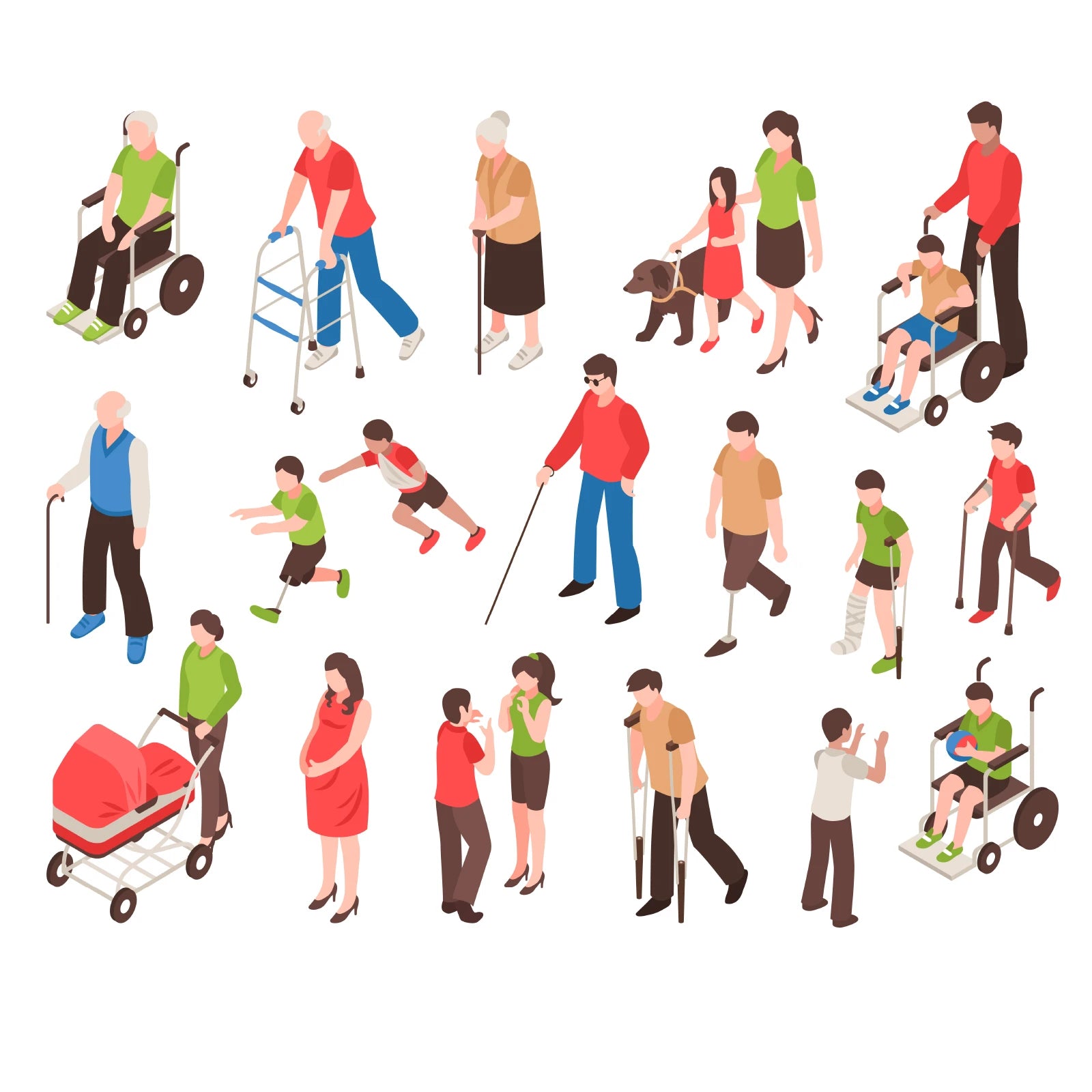 Outline view of the isometric people illustrations highlighting detailed poses and layered structure.