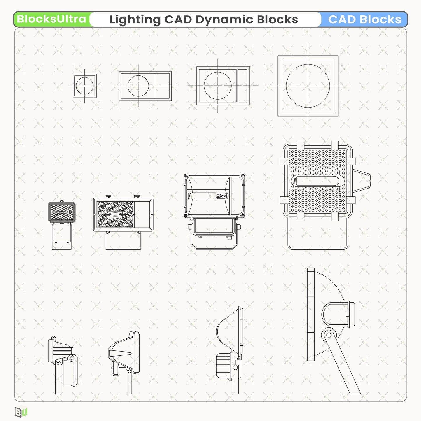 Top-view lighting CAD blocks featuring floodlights and mounting frames with clean, consistent linework for architectural drafting