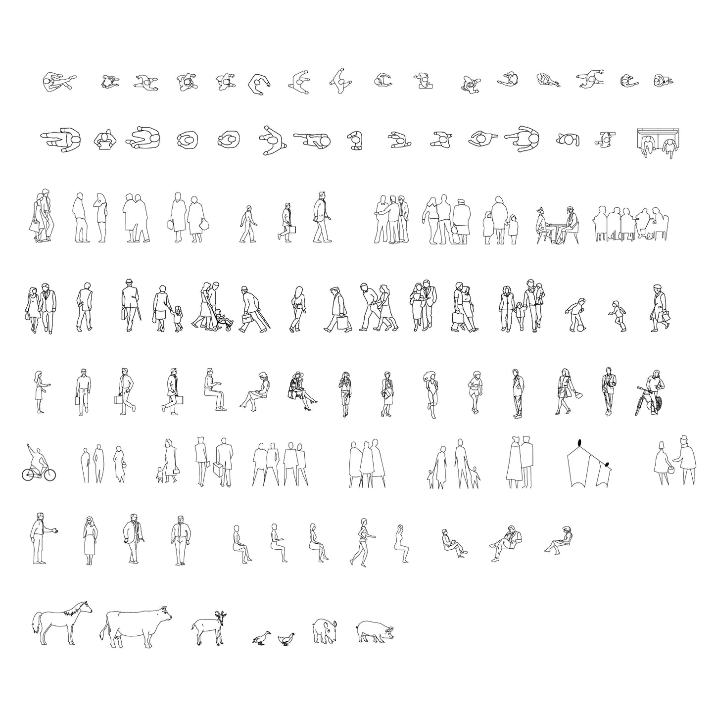 minimal outline people sitting standing cycling cad vector silhouettes