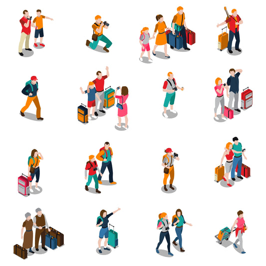 Modern family travel isometric people vector pack cover — families and tourists with luggage and cameras.