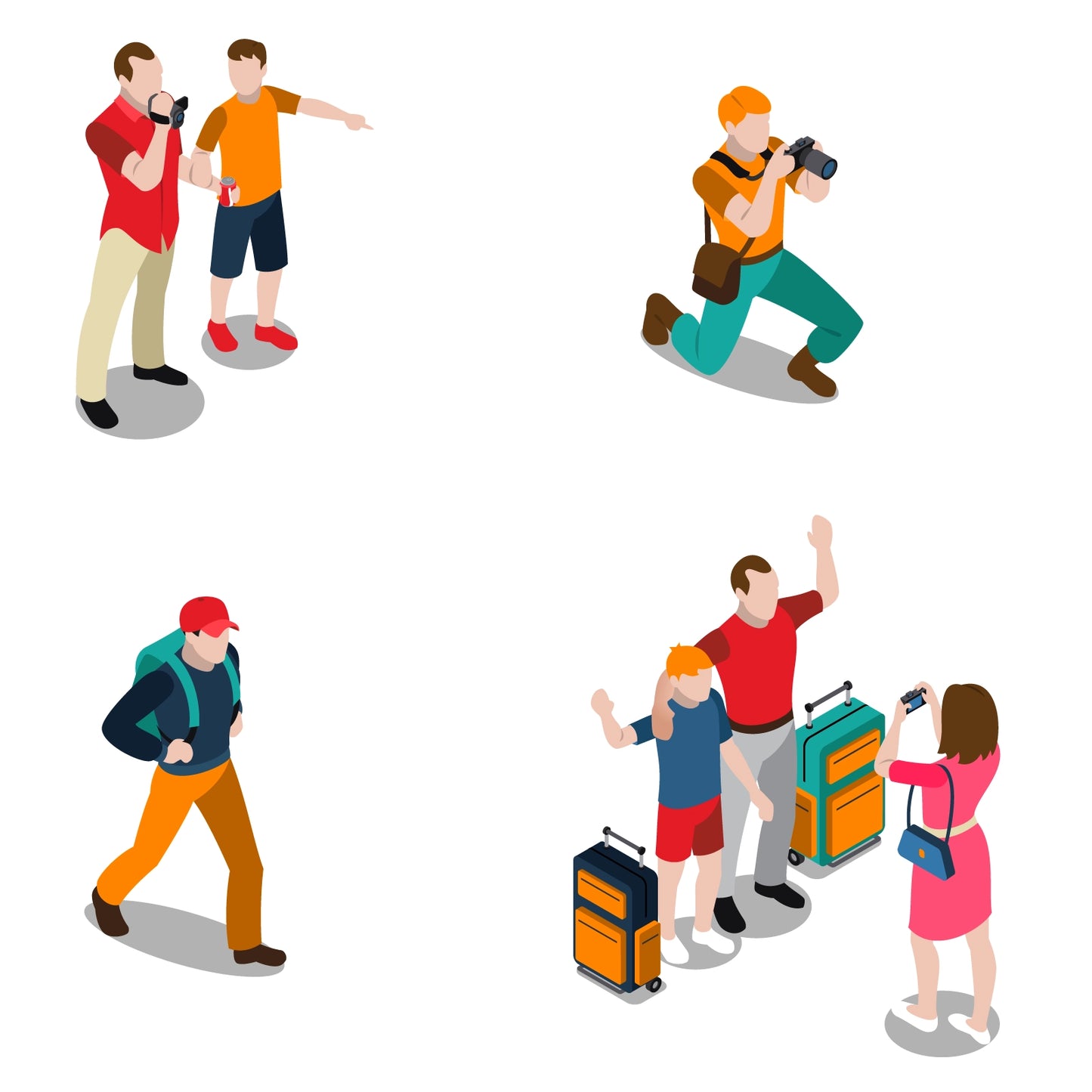 Isometric vector couples traveling with suitcases and backpacks in modern flat design.