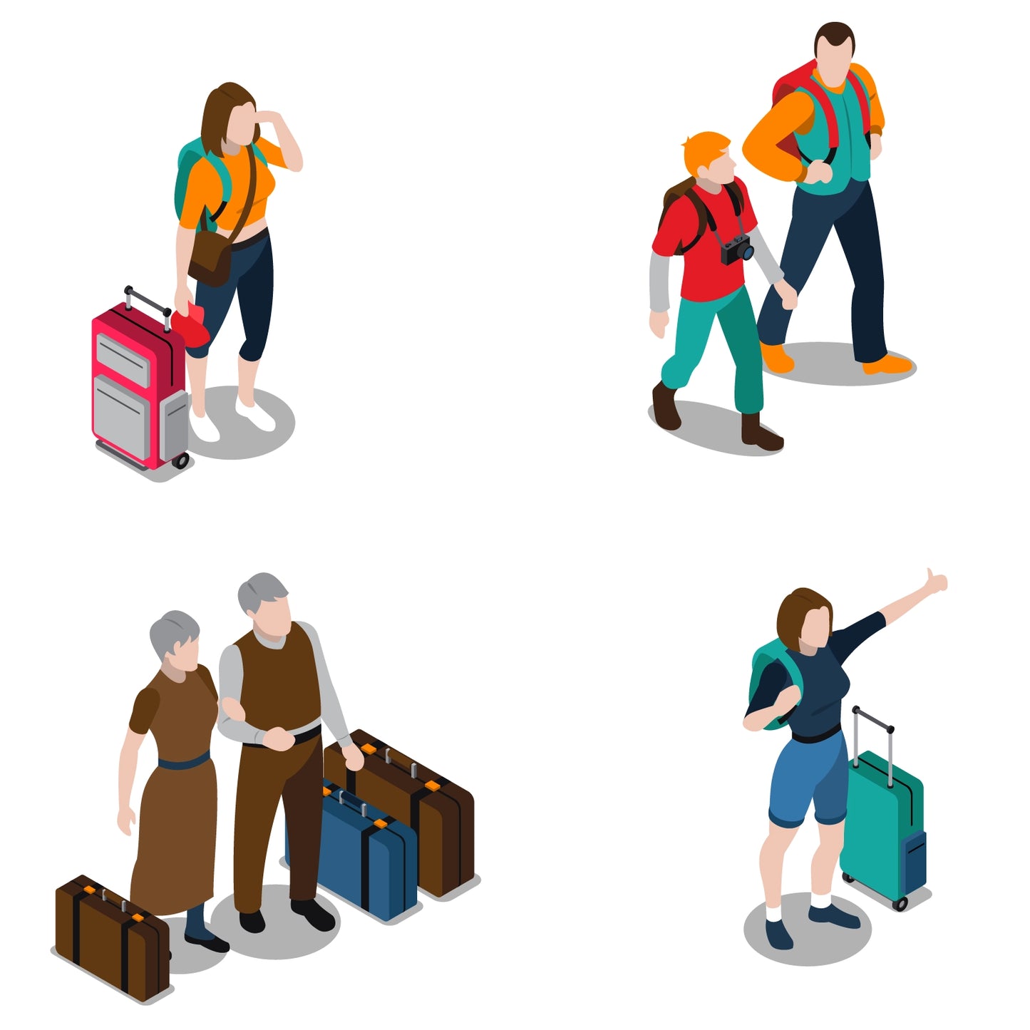 Isometric family travel characters — parents and children walking together with luggage.