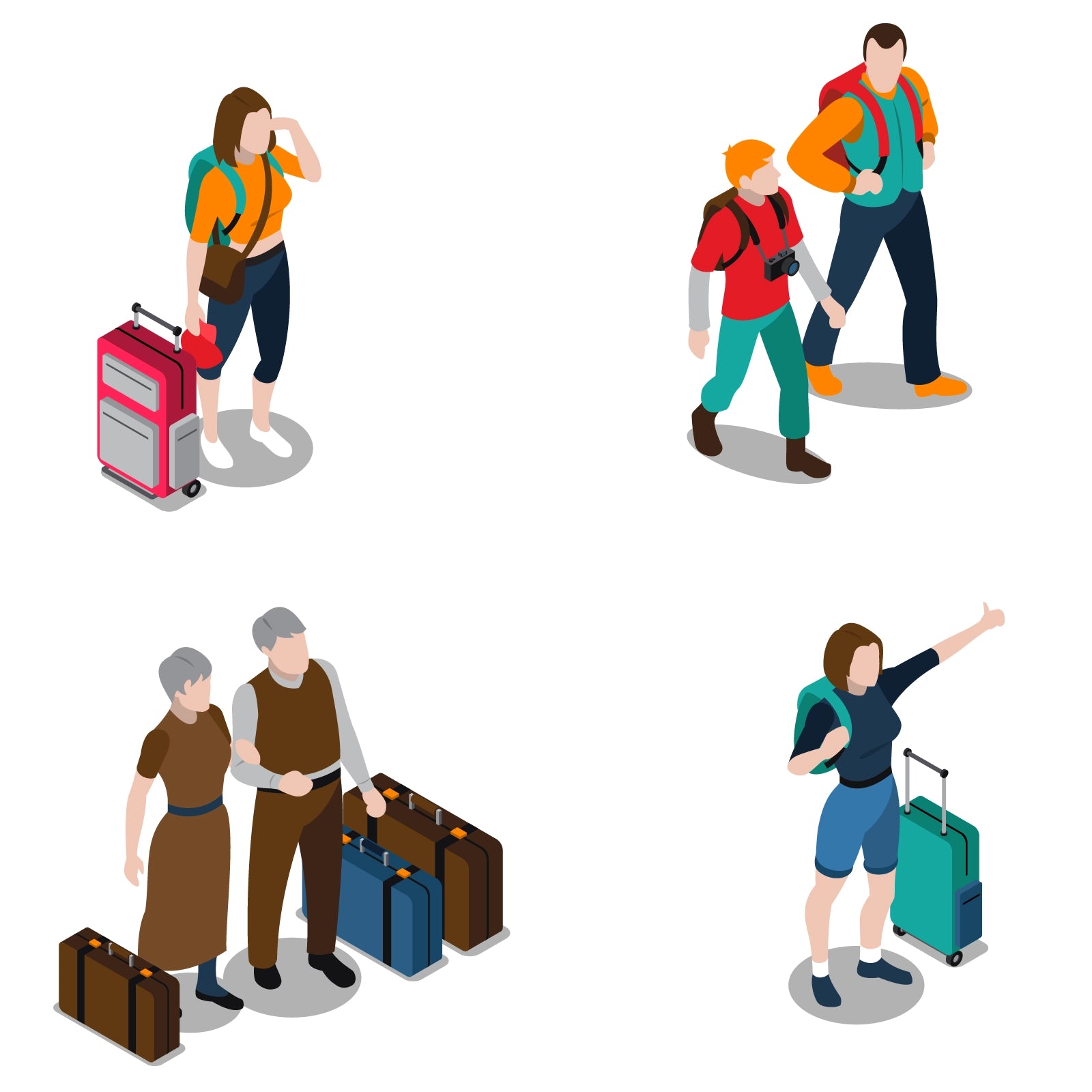 Isometric family travel characters — parents and children walking together with luggage.