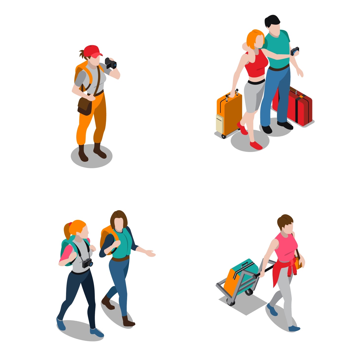 Elderly couple with travel bags — vector senior tourists illustration in isometric perspective.