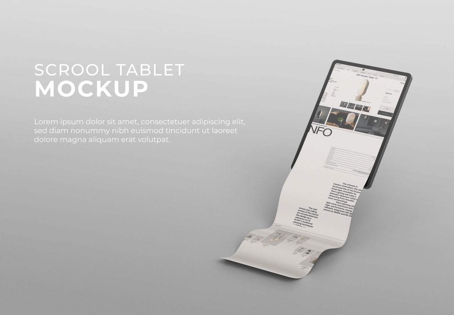iPad style tablet UI mockup with extended scrolling content