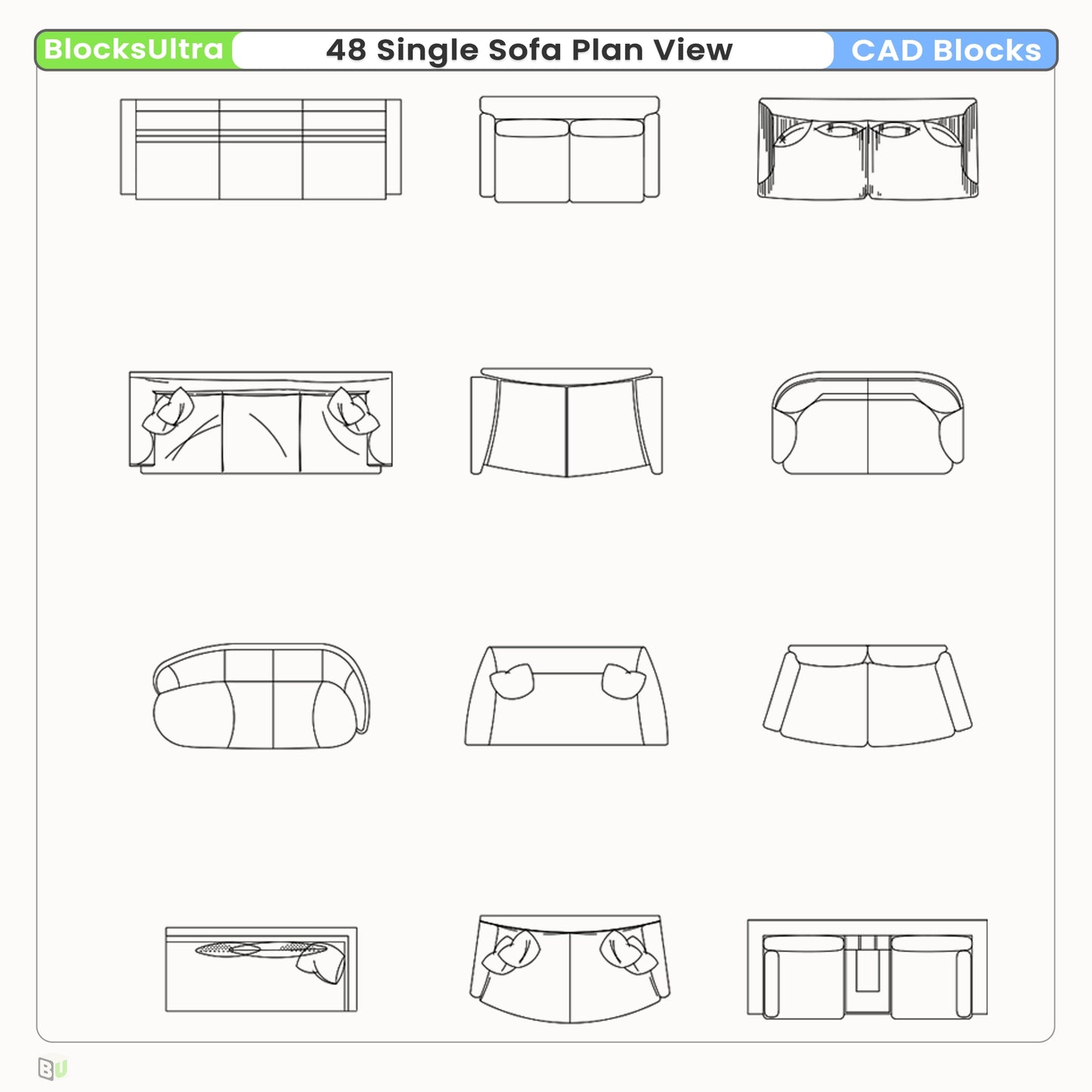 Interior design sofa plan CAD blocks with consistent architectural drafting style