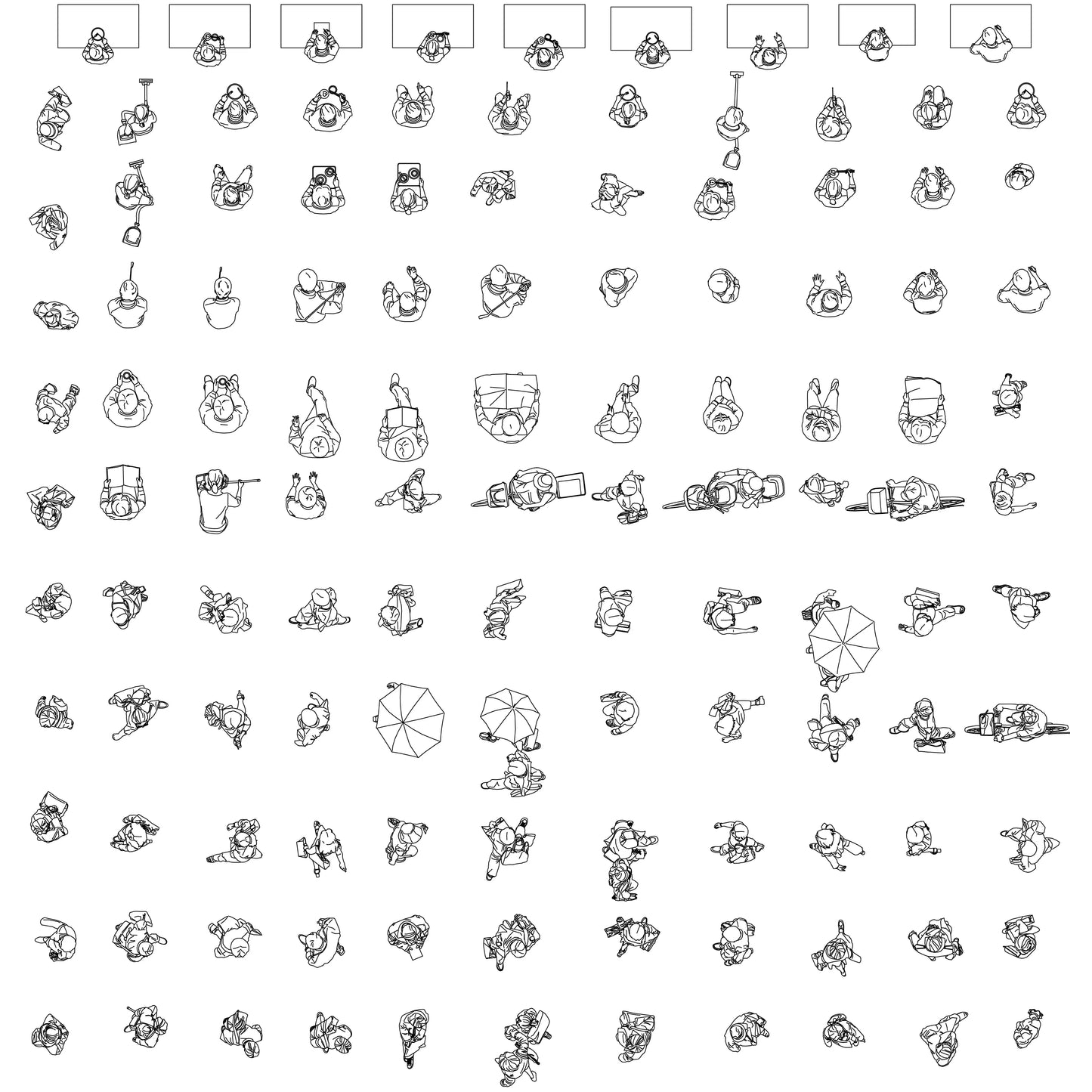 Top-view CAD people including umbrella scenes, outdoor leisure poses, and multi-angle figures for landscape and urban design drawings