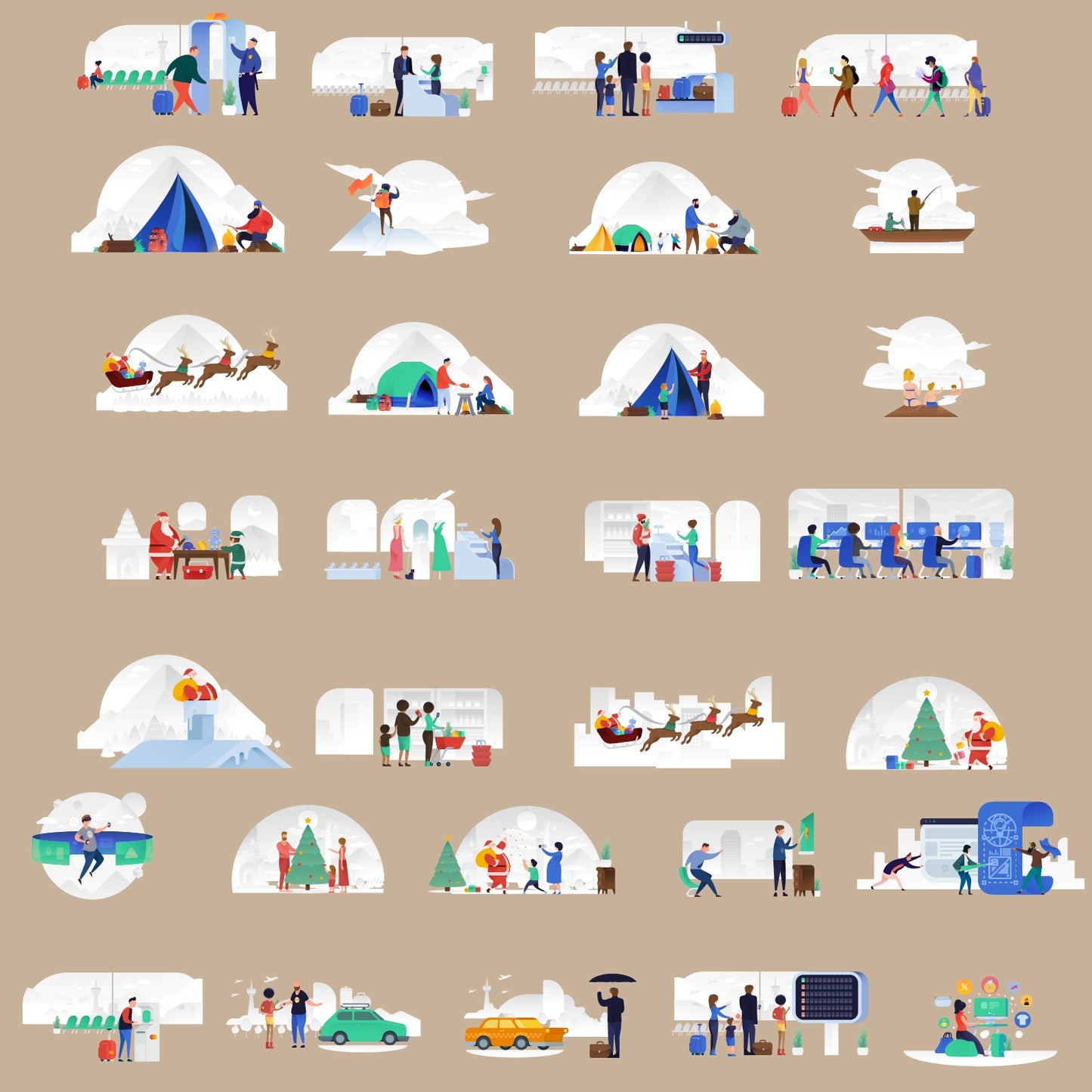 Isometric people vector scenes pack featuring airport, camping, Christmas, shopping and tech themes in modern flat design