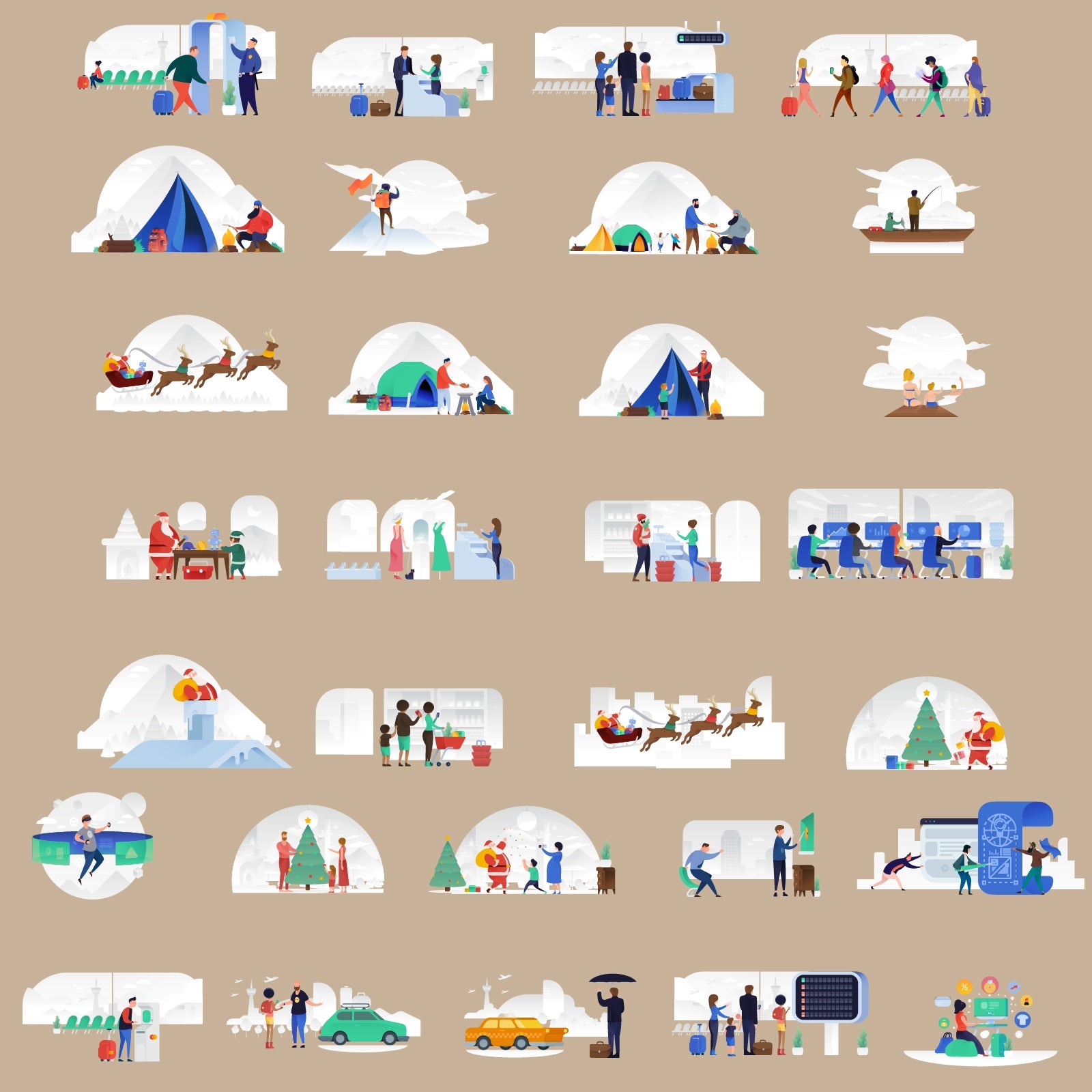 Isometric people vector scenes pack featuring airport, camping, Christmas, shopping and tech themes in modern flat design