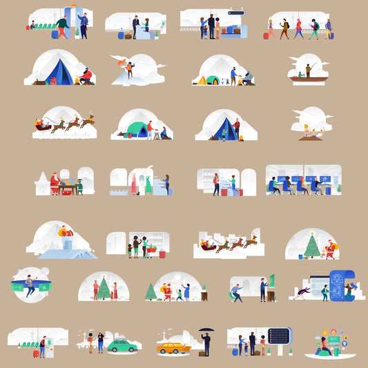 Isometric people vector scenes pack featuring airport, camping, Christmas, shopping and tech themes in modern flat design