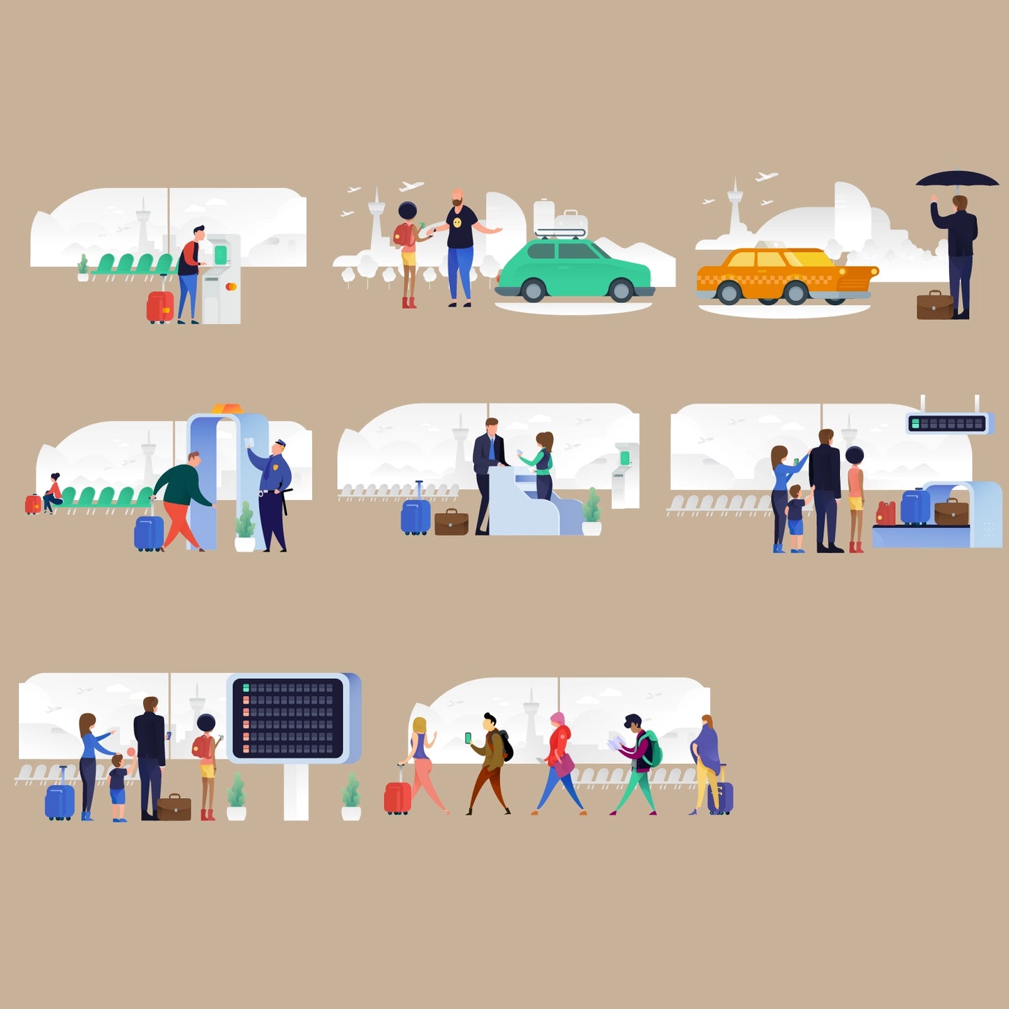Close-up details of people vector illustrations showing travel, holiday and everyday life activities in isometric perspective