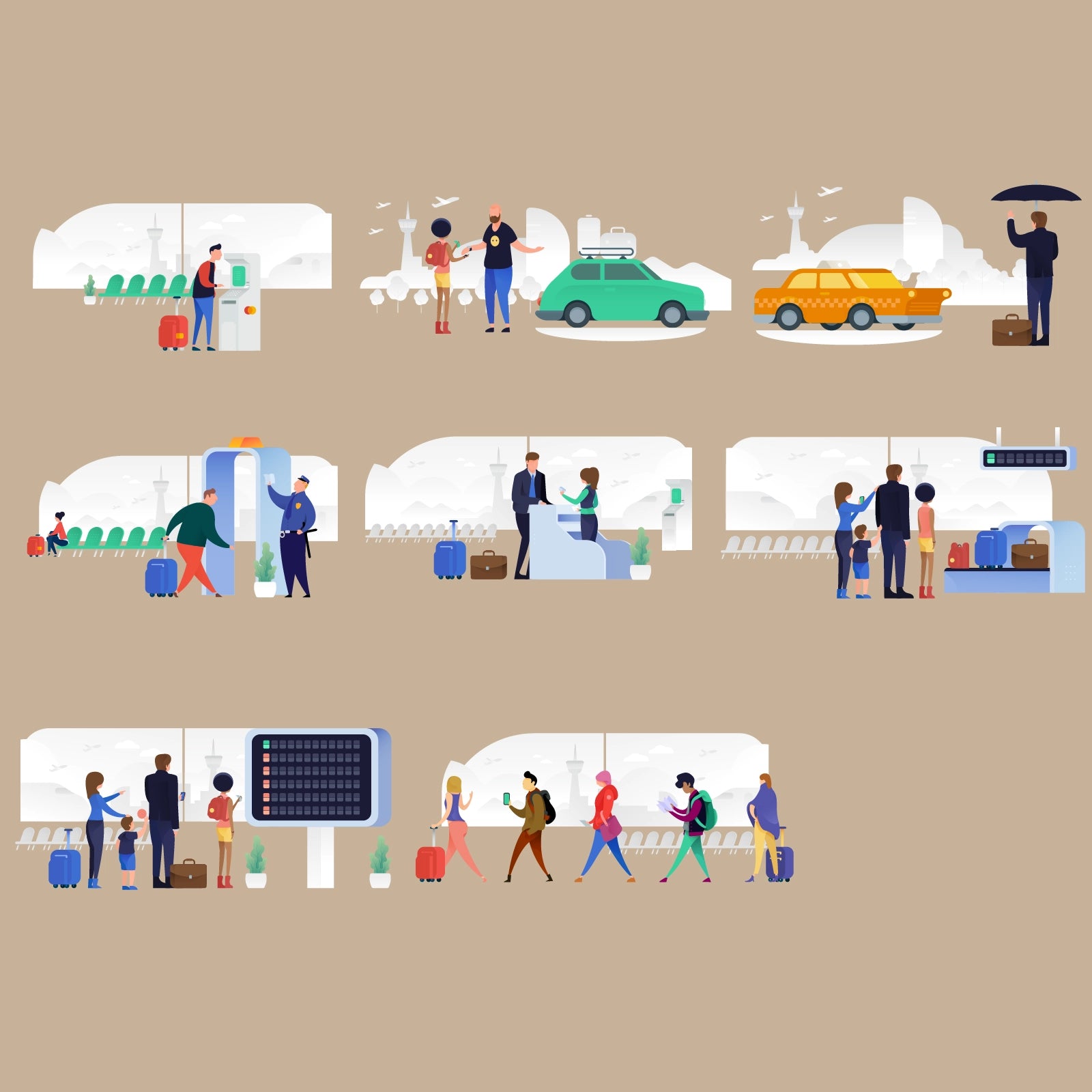 Close-up details of people vector illustrations showing travel, holiday and everyday life activities in isometric perspective