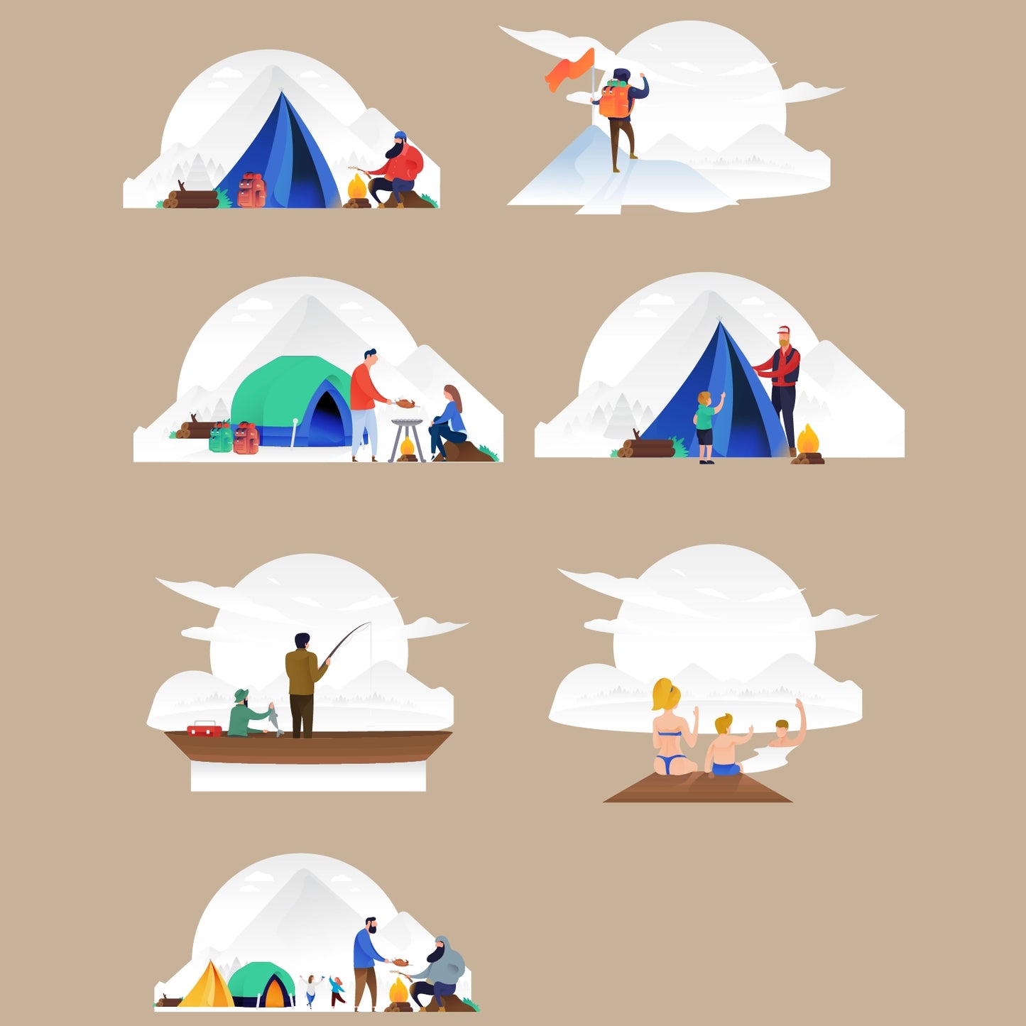 Overview of multiple isometric people scene categories including airport, camping, Christmas and technology vector illustrations