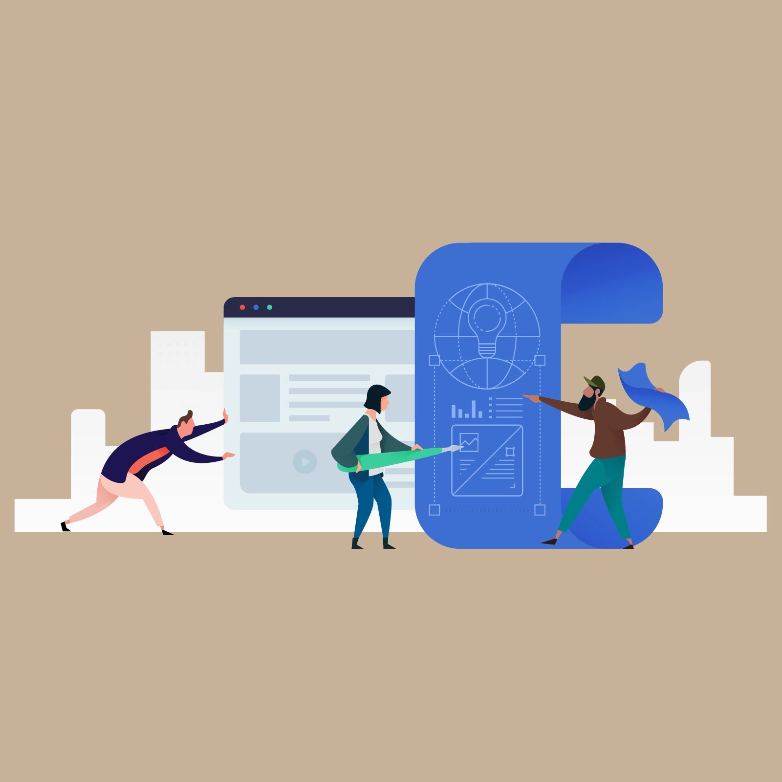 Creative collage of isometric vector people scenes representing modern lifestyle, travel and digital work environments