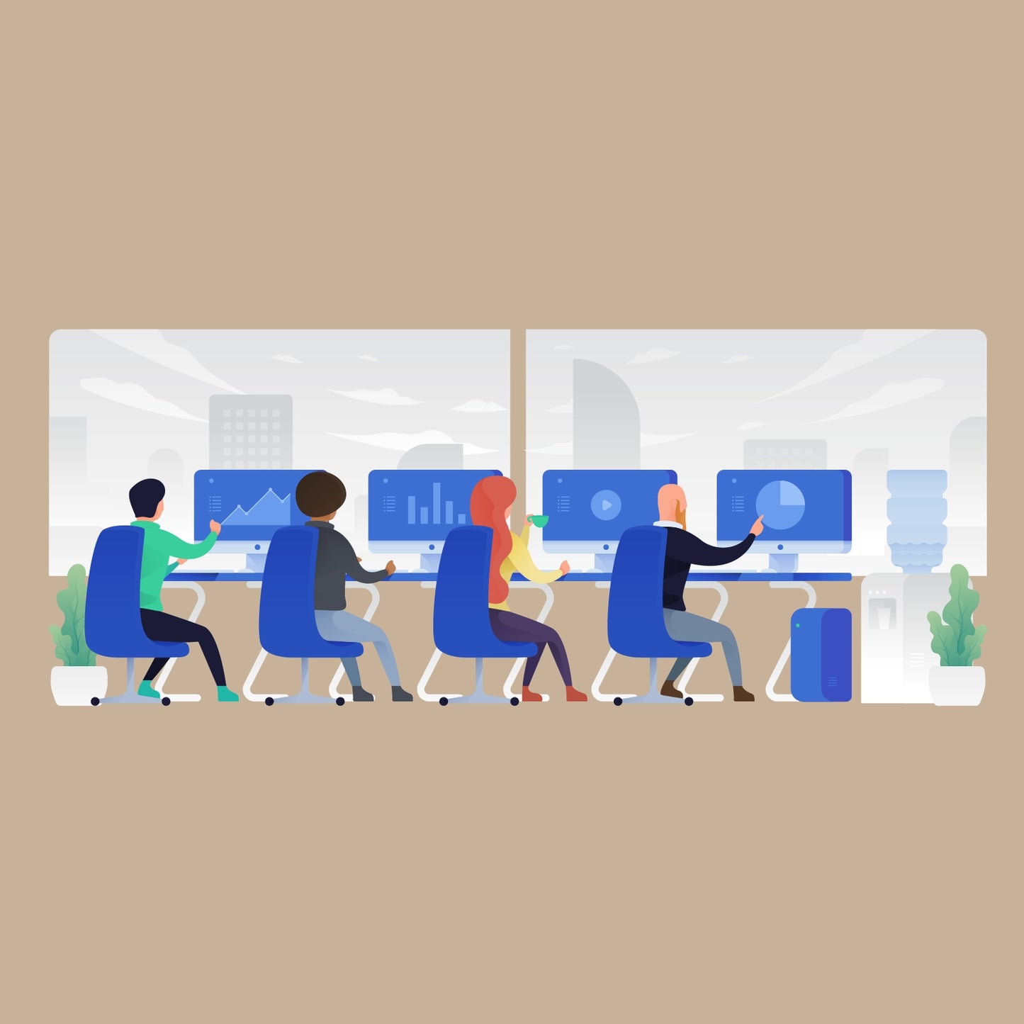 Variant 2 showing camping, travel and technology workplace scenes with vector people in flat style