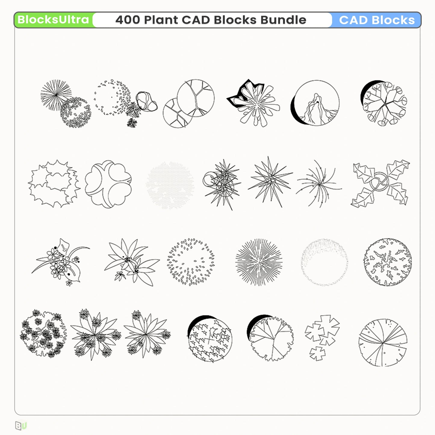 Vegetation top view CAD linework with clean scalable symbols