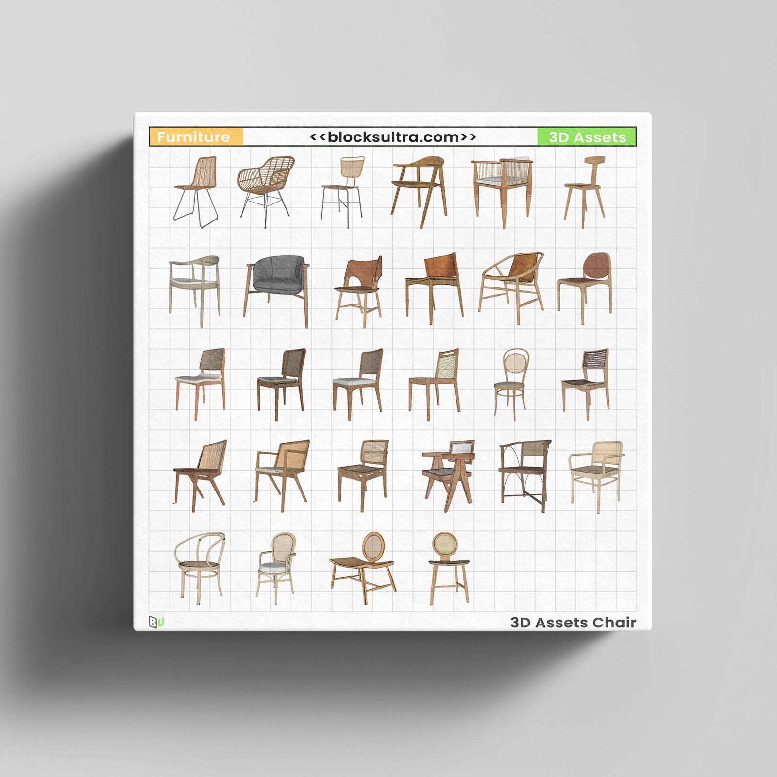 Rattan armchair 3D model — bohemian woven furniture with curved wooden frame and cane details