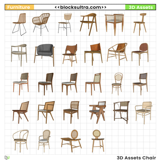 Bohemian woven dining chair 3D models pack — rattan and wooden seating collection for interior design rendering