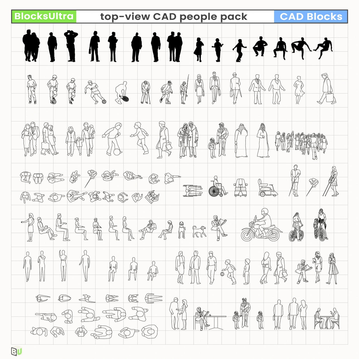 Mixed elevation & top-view CAD people pack for architecture and planning