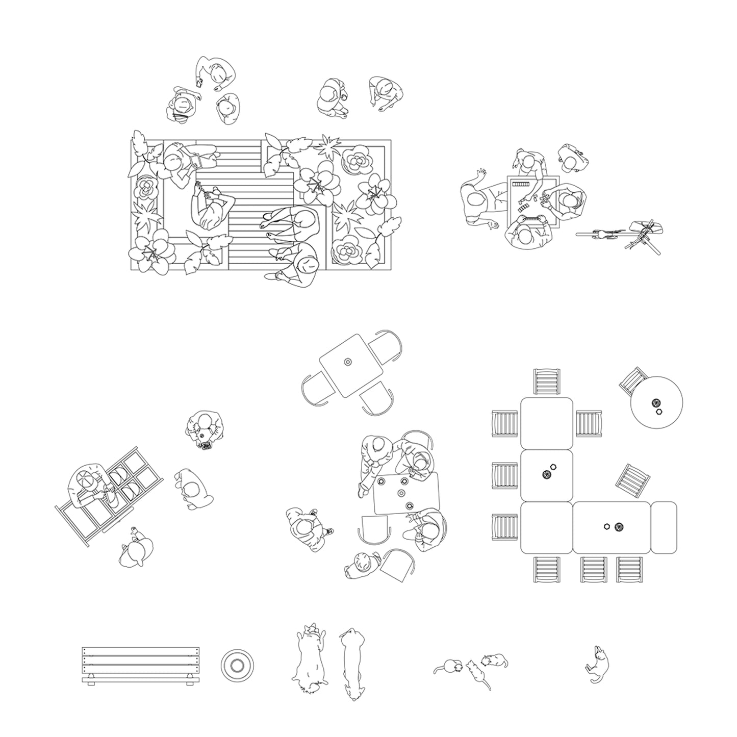 People sitting on benches CAD top view — outdoor park and garden seating scene