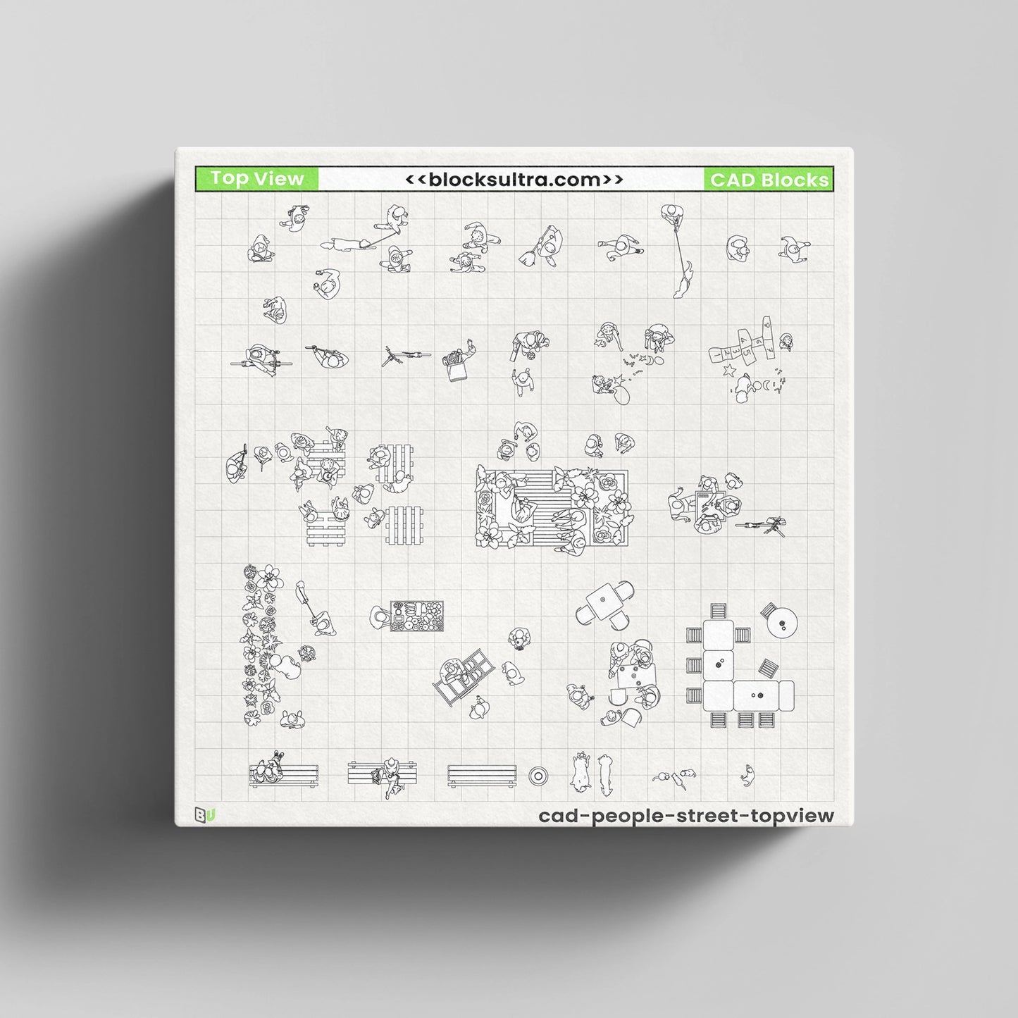 Top view CAD people blocks — walking, resting, cycling, and playing outdoor scenes for architecture drawings