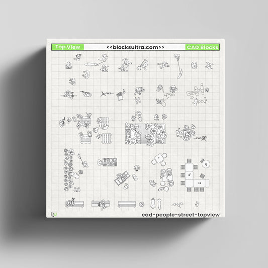 Top view CAD people blocks — walking, resting, cycling, and playing outdoor scenes for architecture drawings