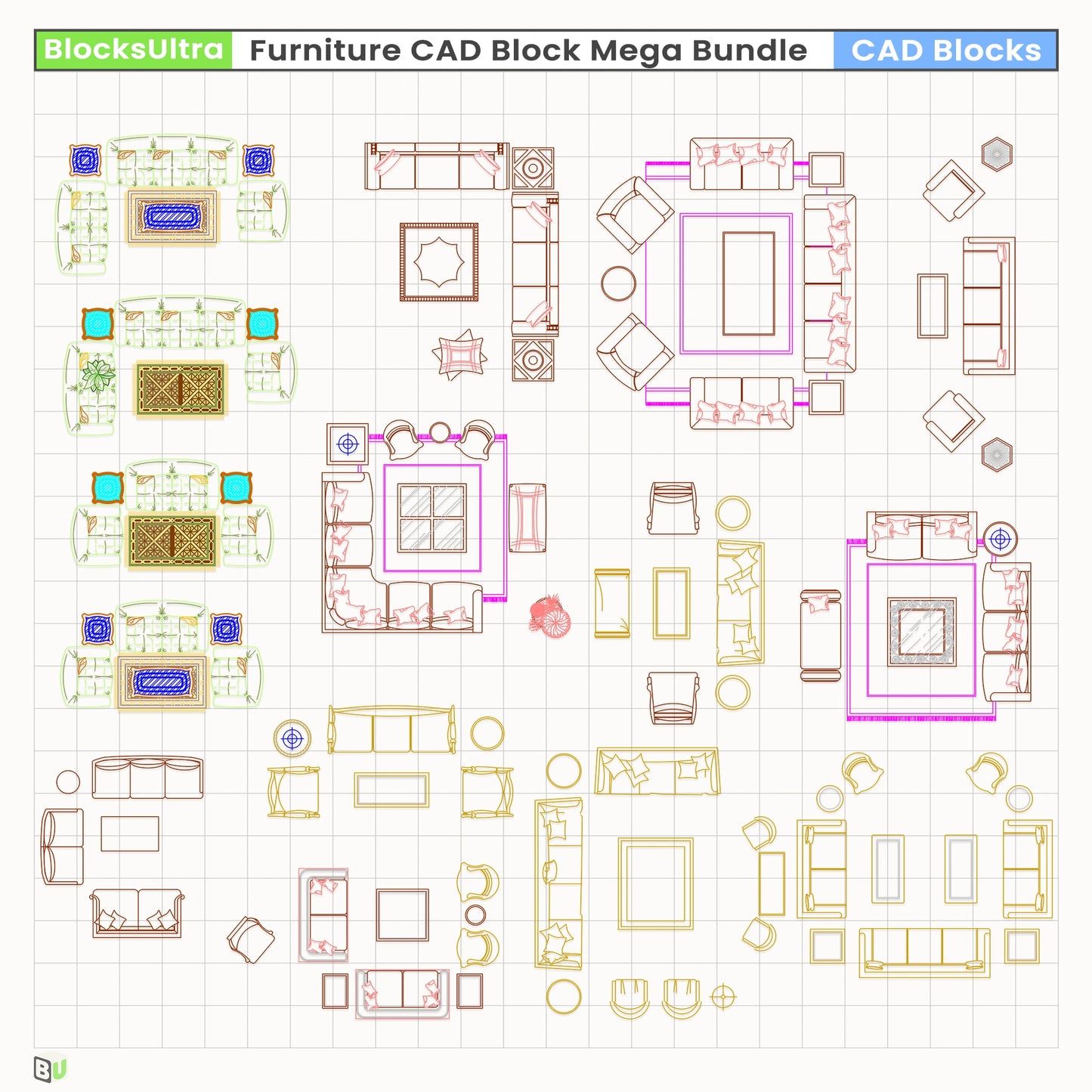 Modular sofas with detailed pillows and tables in top-view CAD layout