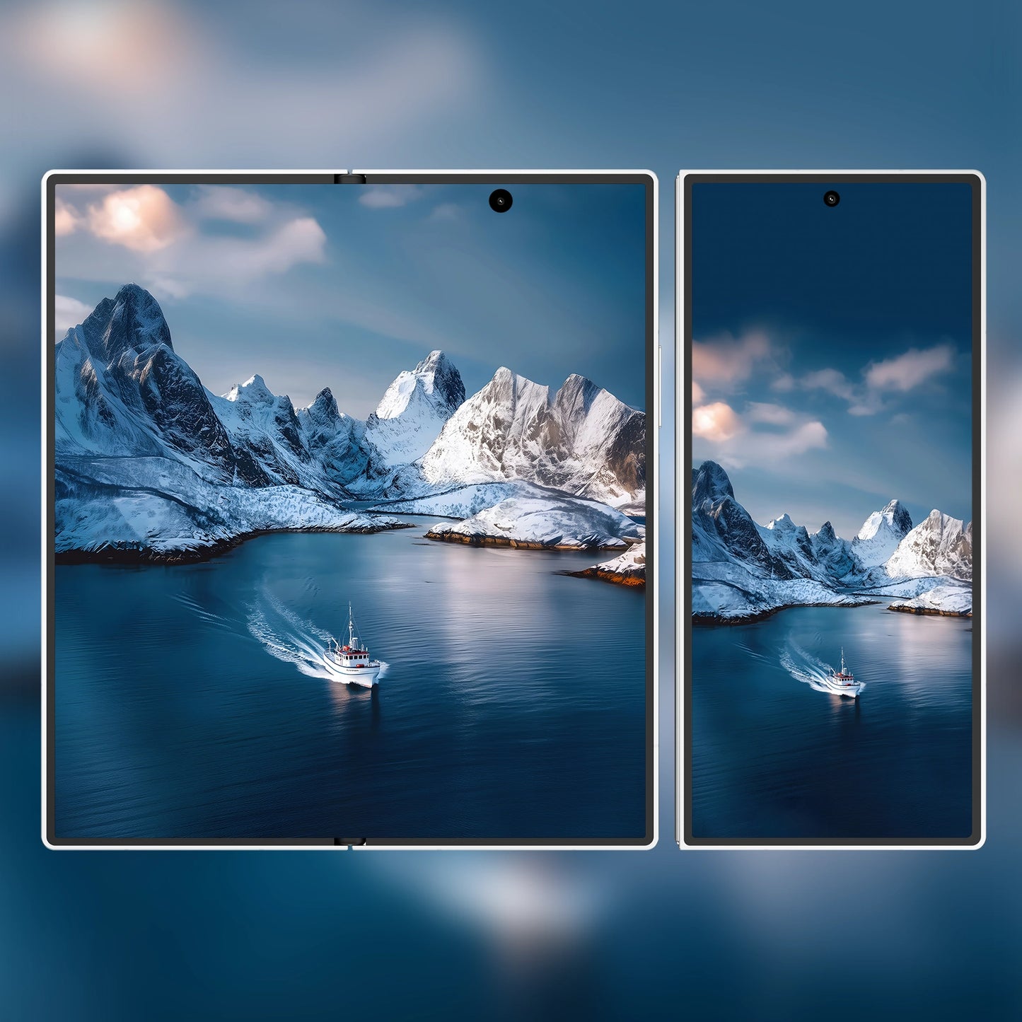 Golden clouds over snow-covered cliffs – serene Nordic landscape wallpaper