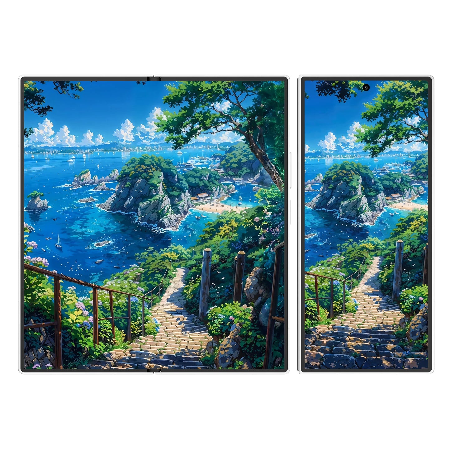 Fantasy island landscape with bright sky, calm waters, and lush vegetation framing the sea