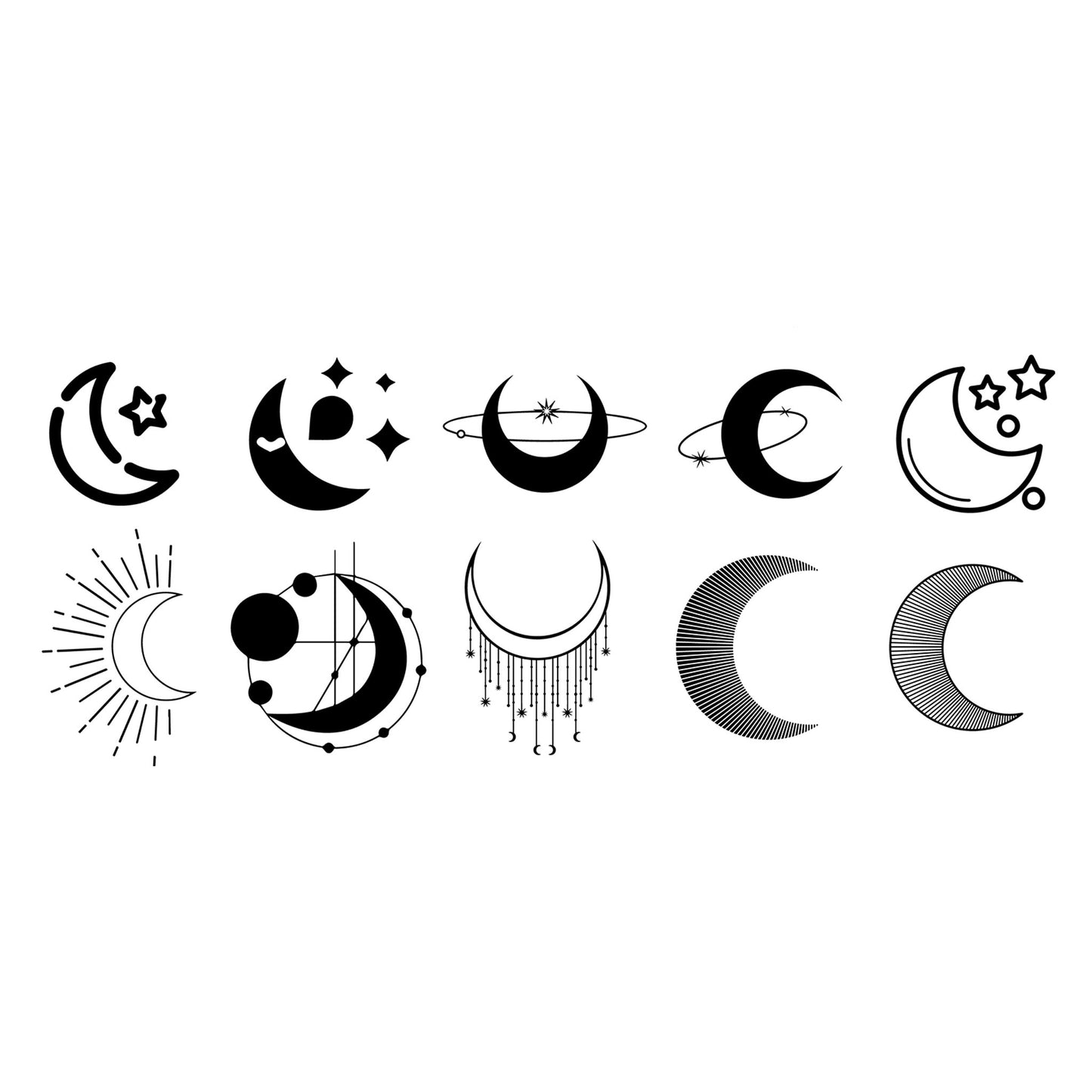 30 black crescent moon and star astrology vector icons in EPS AI DXF JPG formats for architecture and digital design