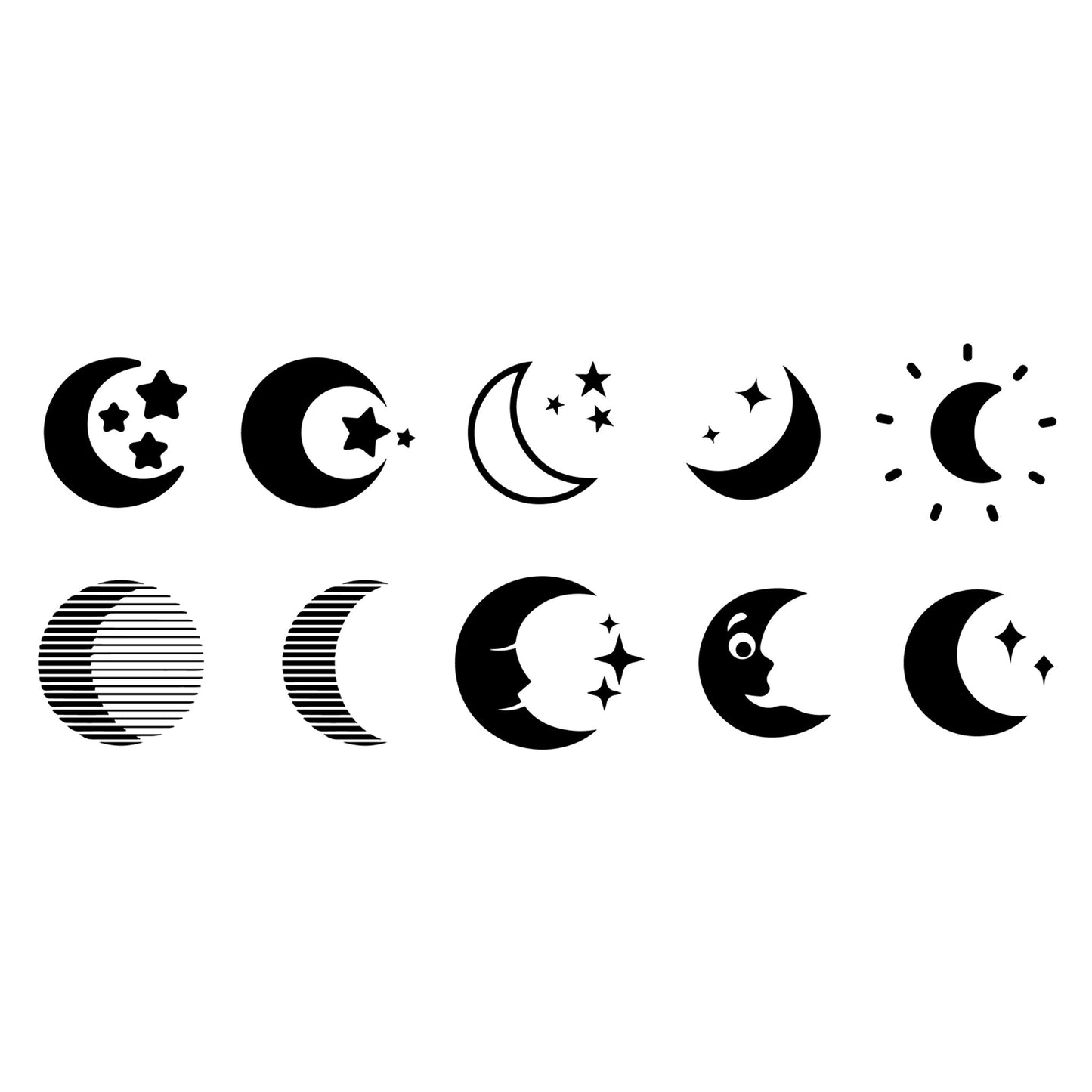 30 black crescent moon and star celestial vector symbols set in EPS AI DXF JPG formats for graphic and print design