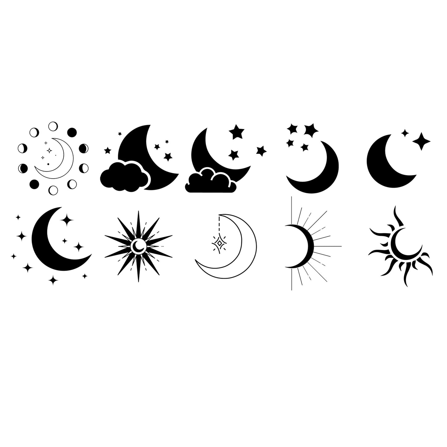 30 black crescent moon and star vector icons night design pack in EPS AI DXF JPG formats for digital artwork