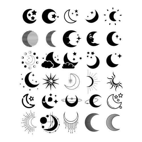 30 black moon and star vector designs, crescent and night sky icons set, CAD EPS AI DXF PNG clipart