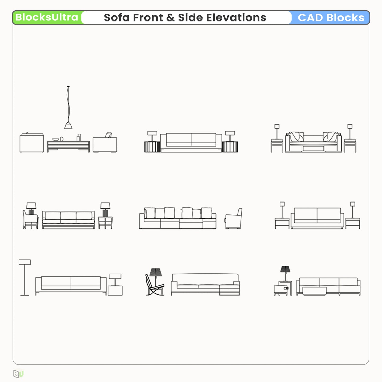 sectional sofa CAD side elevation blocks for accurate furniture height and proportion planning