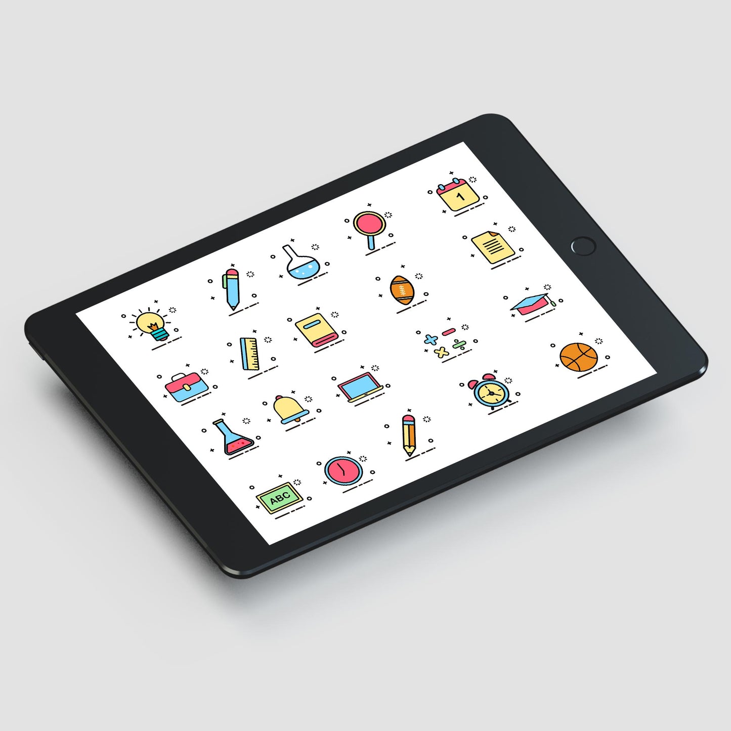 Colorful Back to MEB Student Learning Tools – Icons Pack AI Vector + PSD Mockup + Outline Version