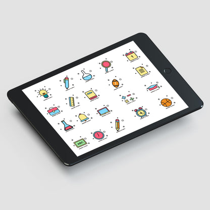 Colorful Back to MEB Student Learning Tools – Icons Pack AI Vector + PSD Mockup + Outline Version