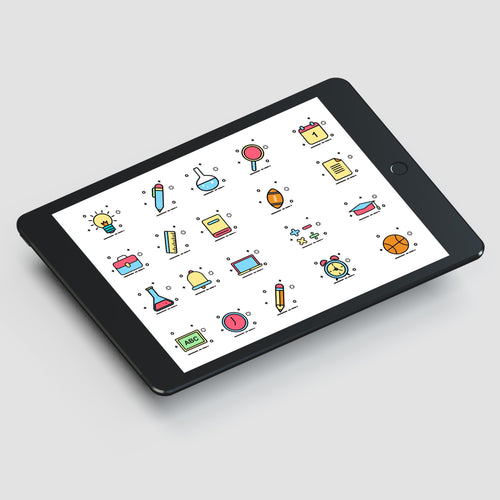 Colorful Back to MEB Student Learning Tools – Icons Pack AI Vector + PSD Mockup + Outline Version
