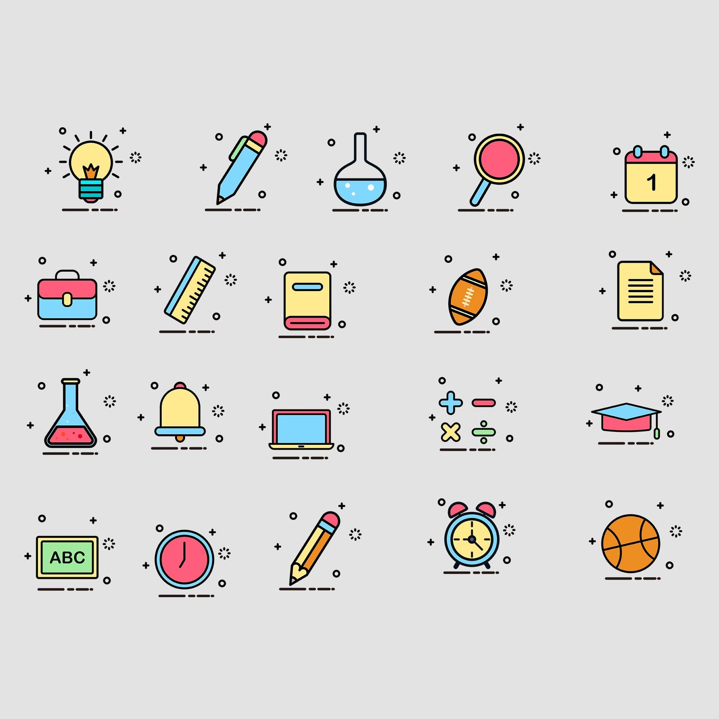 Colorful Back to MEB Student Learning Tools – Icons Pack AI Vector + PSD Mockup + Outline Version