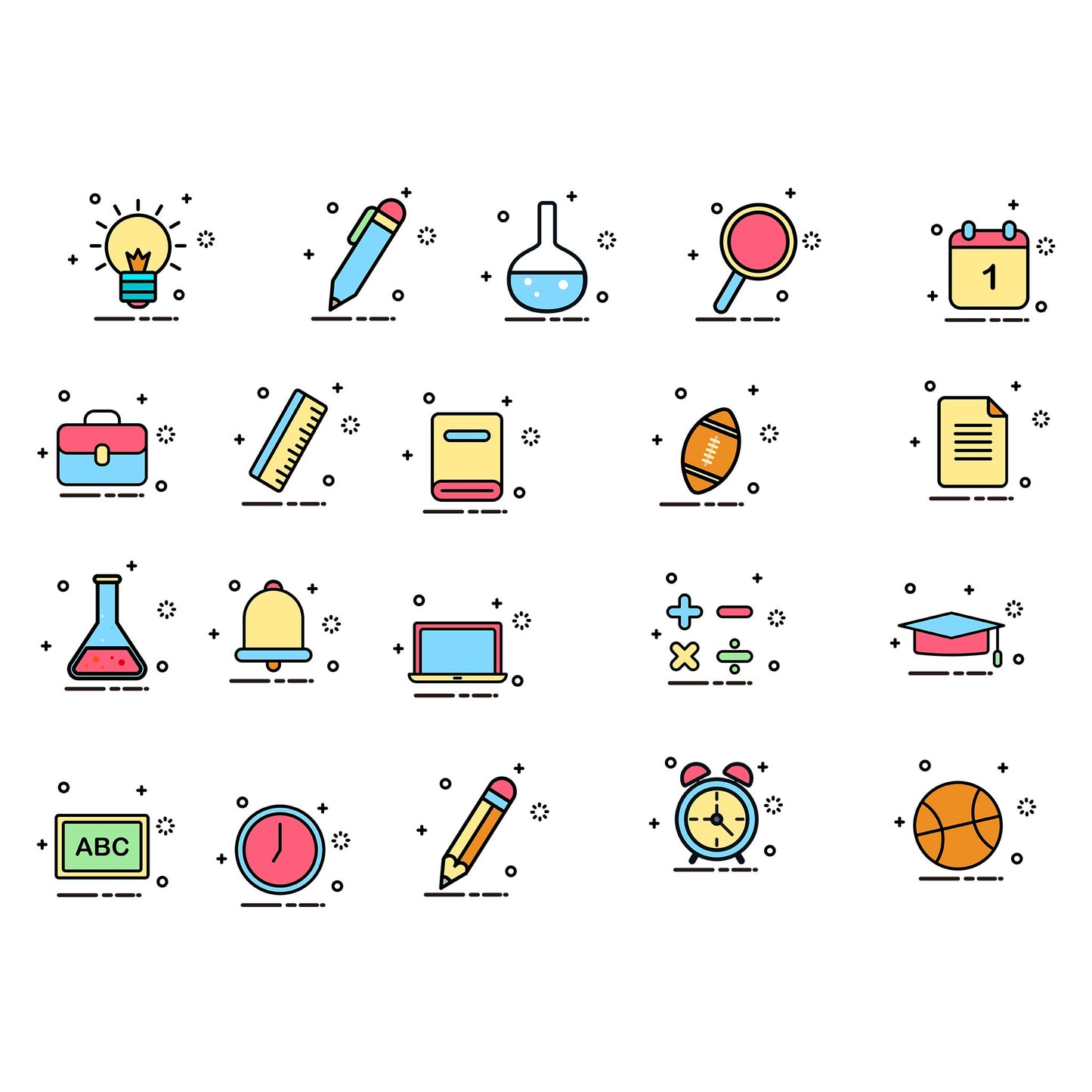 Colorful Back to MEB Student Learning Tools – Icons Pack AI Vector + PSD Mockup + Outline Version