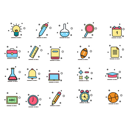 Colorful Back to MEB Student Learning Tools – Icons Pack AI Vector + PSD Mockup + Outline Version