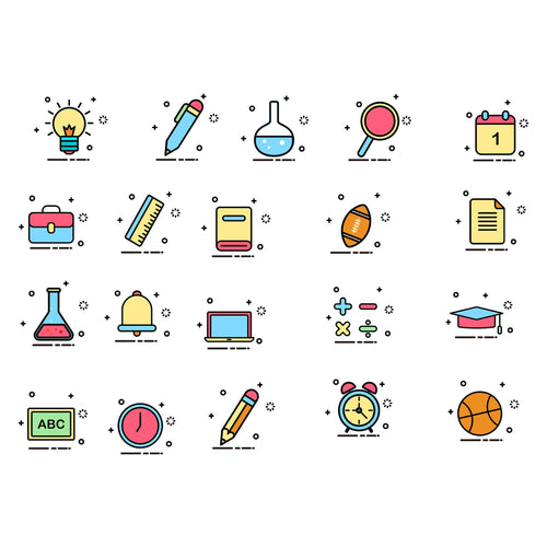 Colorful Back to School MEB Student Learning Tools – Icons Pack AI + PSD Mockup + Outline