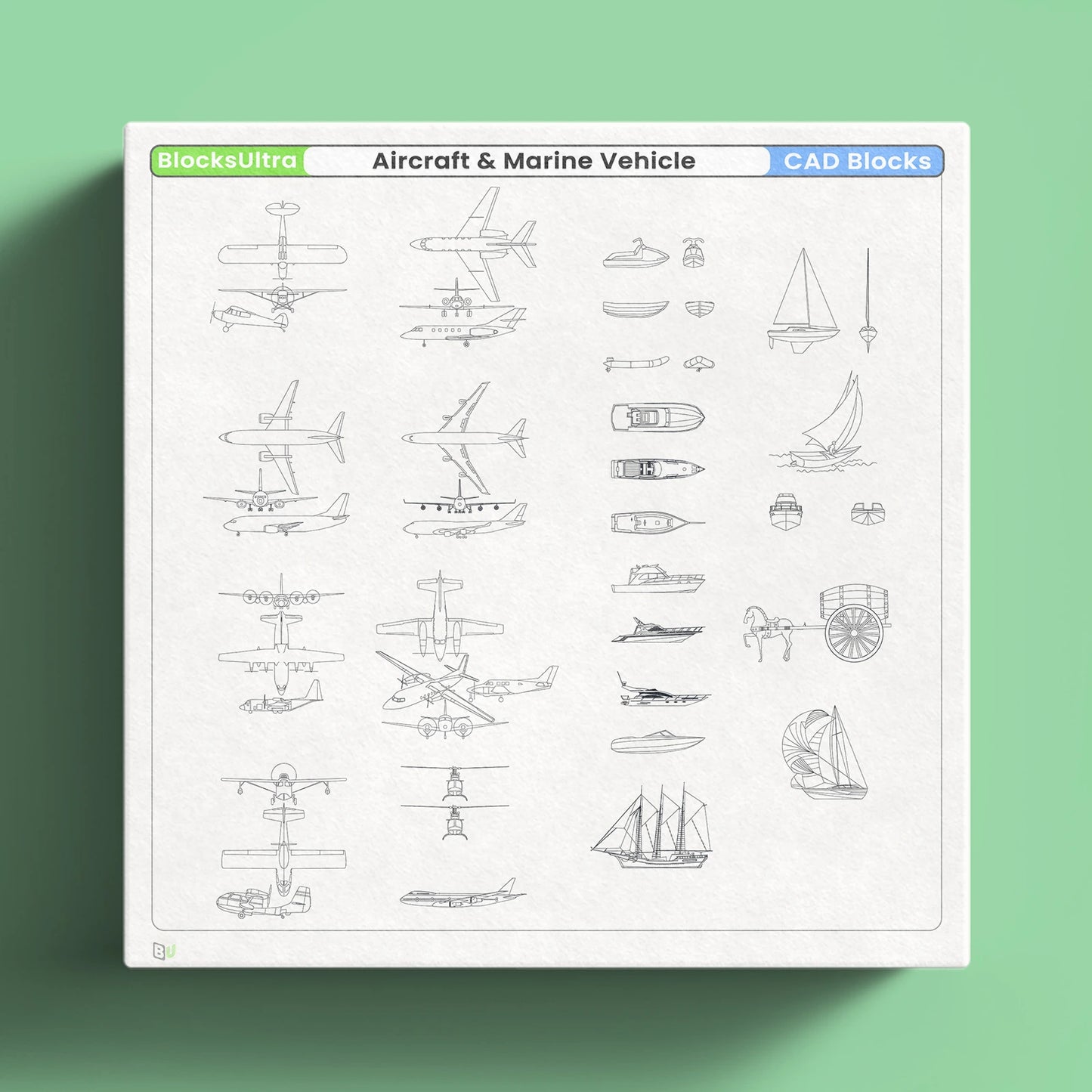 Aircraft CAD blocks featuring plan, elevation, and isometric views