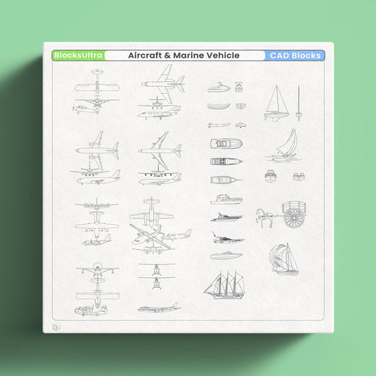 Aircraft CAD blocks featuring plan, elevation, and isometric views