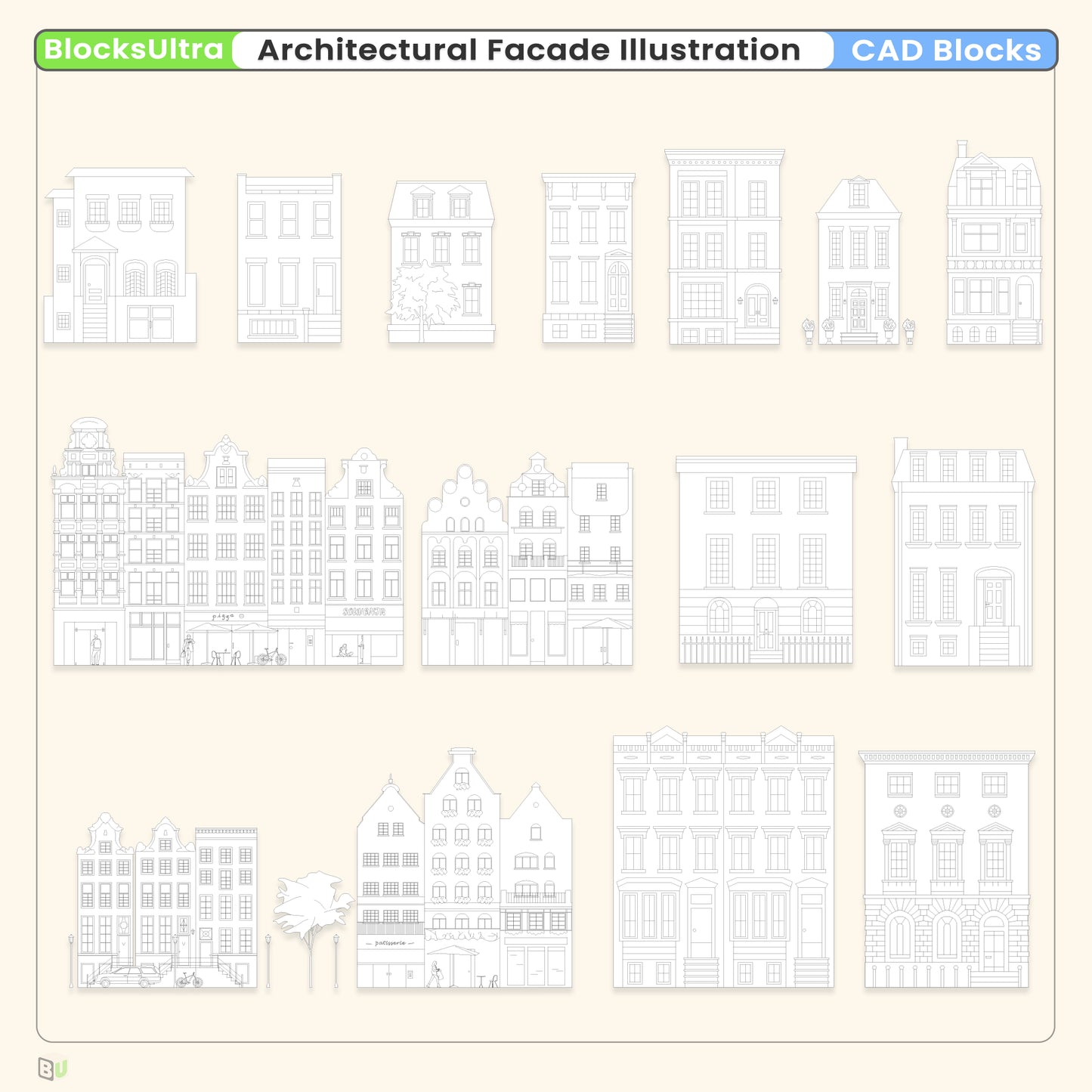 Architectural facade illustration CAD featuring urban townhouse building elevations