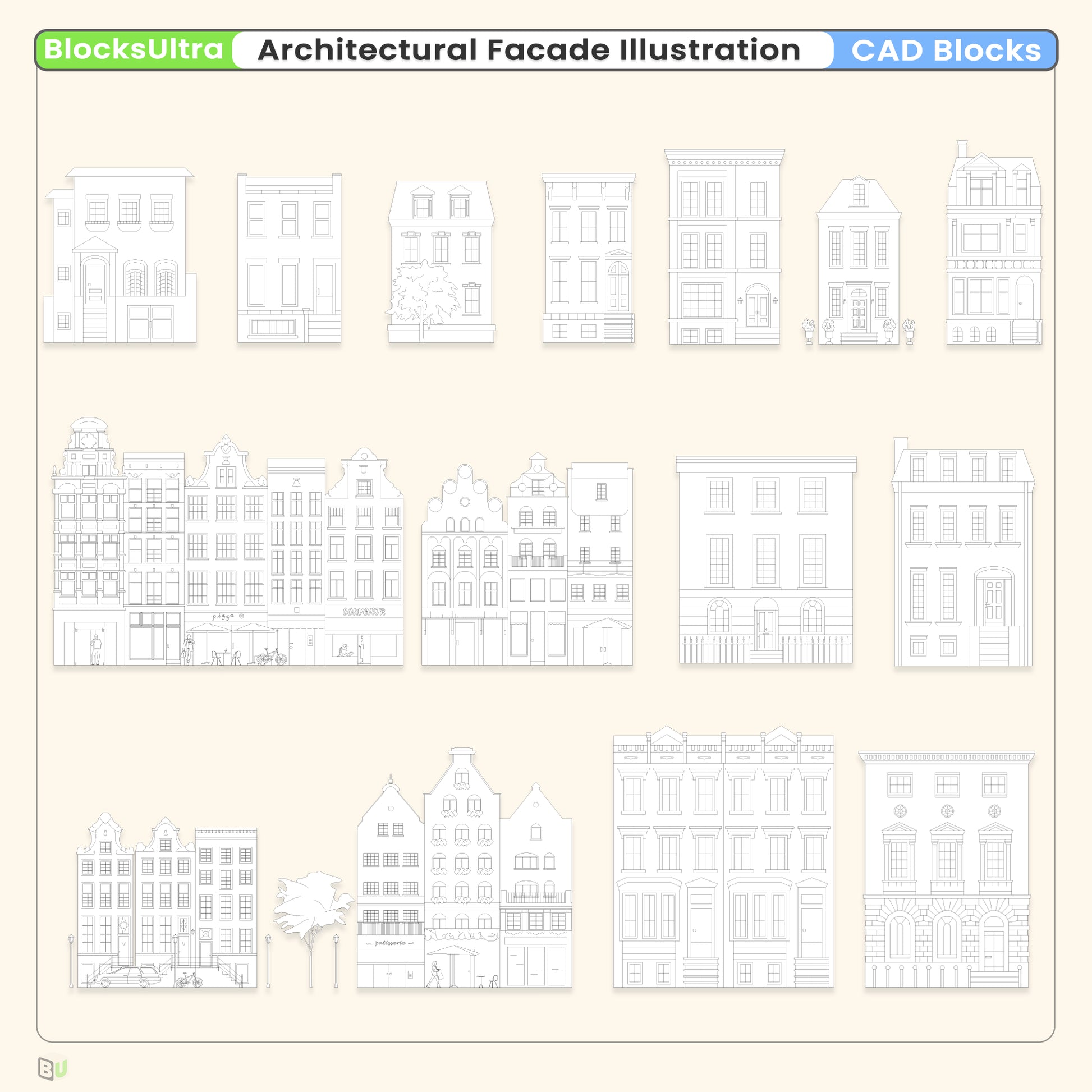 Architectural facade illustration CAD featuring urban townhouse building elevations